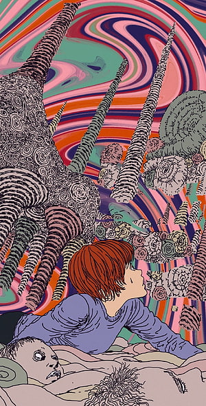 Uzumaki by Junji Ito: Red-Haired Character in Spiral-Infested Nightmare Landscape HD phone wallpaper