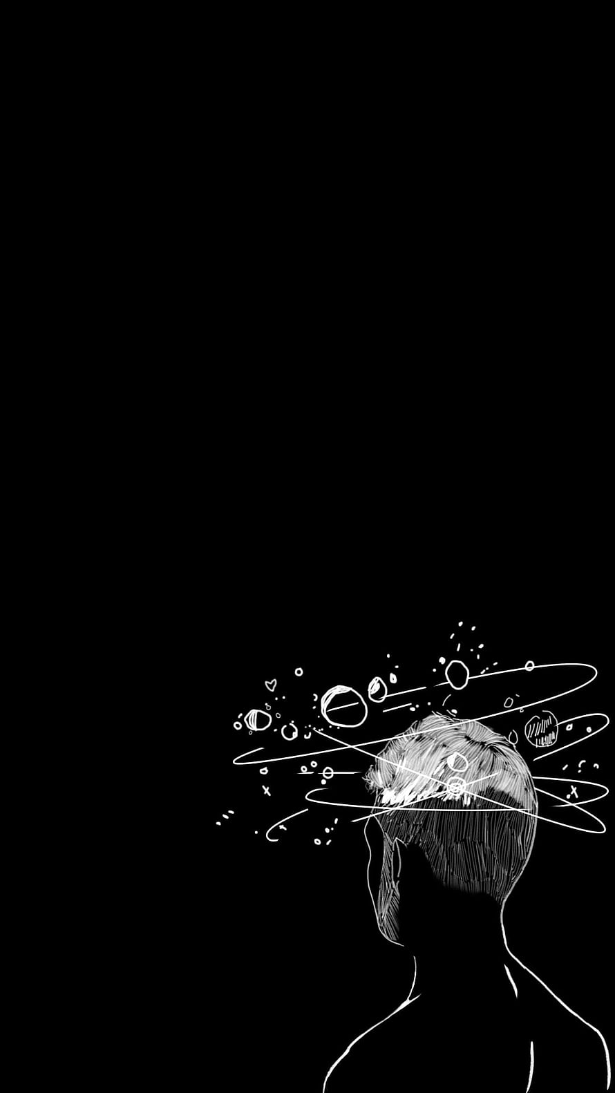 Minimalist White Line Art of a Silhouette with Cosmic Orbits on Black Background HD phone wallpaper