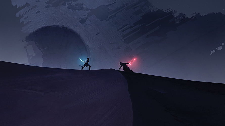 Star Wars Lightsaber Duel on a Dark Ridge with Massive Structure in Background HD wallpaper