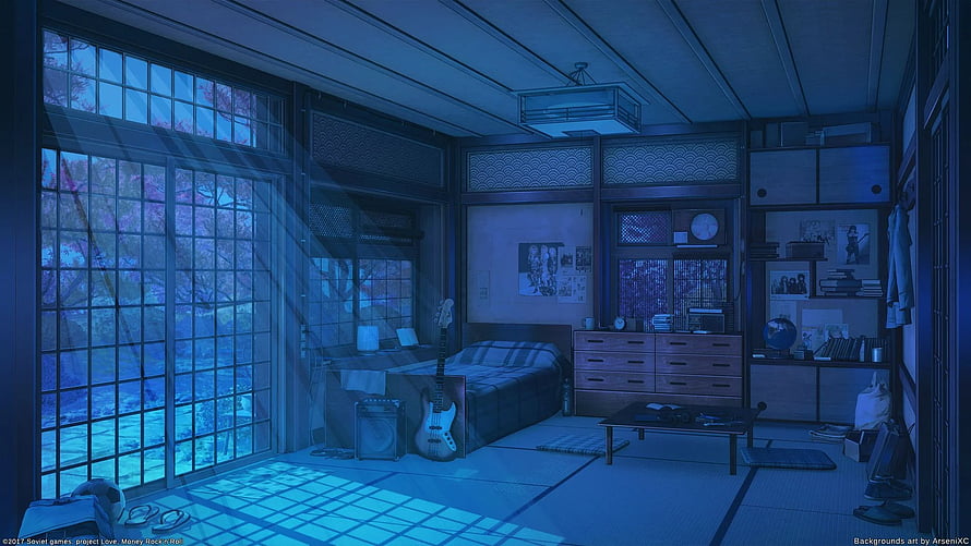 Moody Japanese Bedroom Interior with Electric Guitar and Tatami Floor at Night HD wallpaper