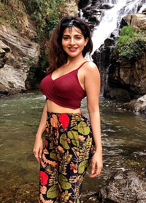 Iswarya Menon in Maroon Crop Top and Floral Pants at a Rocky Waterfall HD phone wallpaper
