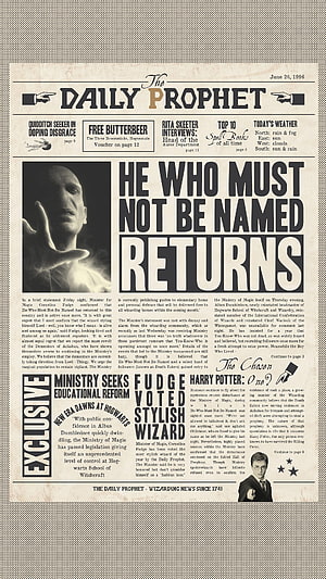 Harry Potter Daily Prophet Front Page Featuring He Who Must Not Be Named Returns Headline HD phone wallpaper