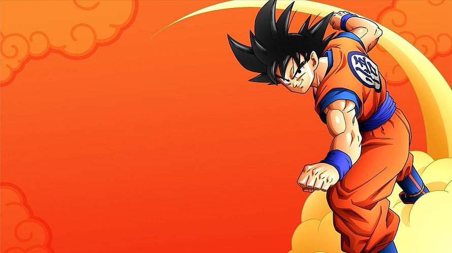 Goku in Orange Gi Flying on Nimbus Cloud Against Vibrant Orange Sky HD wallpaper