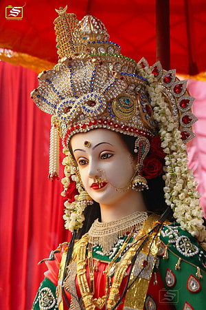 Ornate Navratri Mata Rani Deity Statue with Traditional Gold Crown and Floral Garland HD phone wallpaper