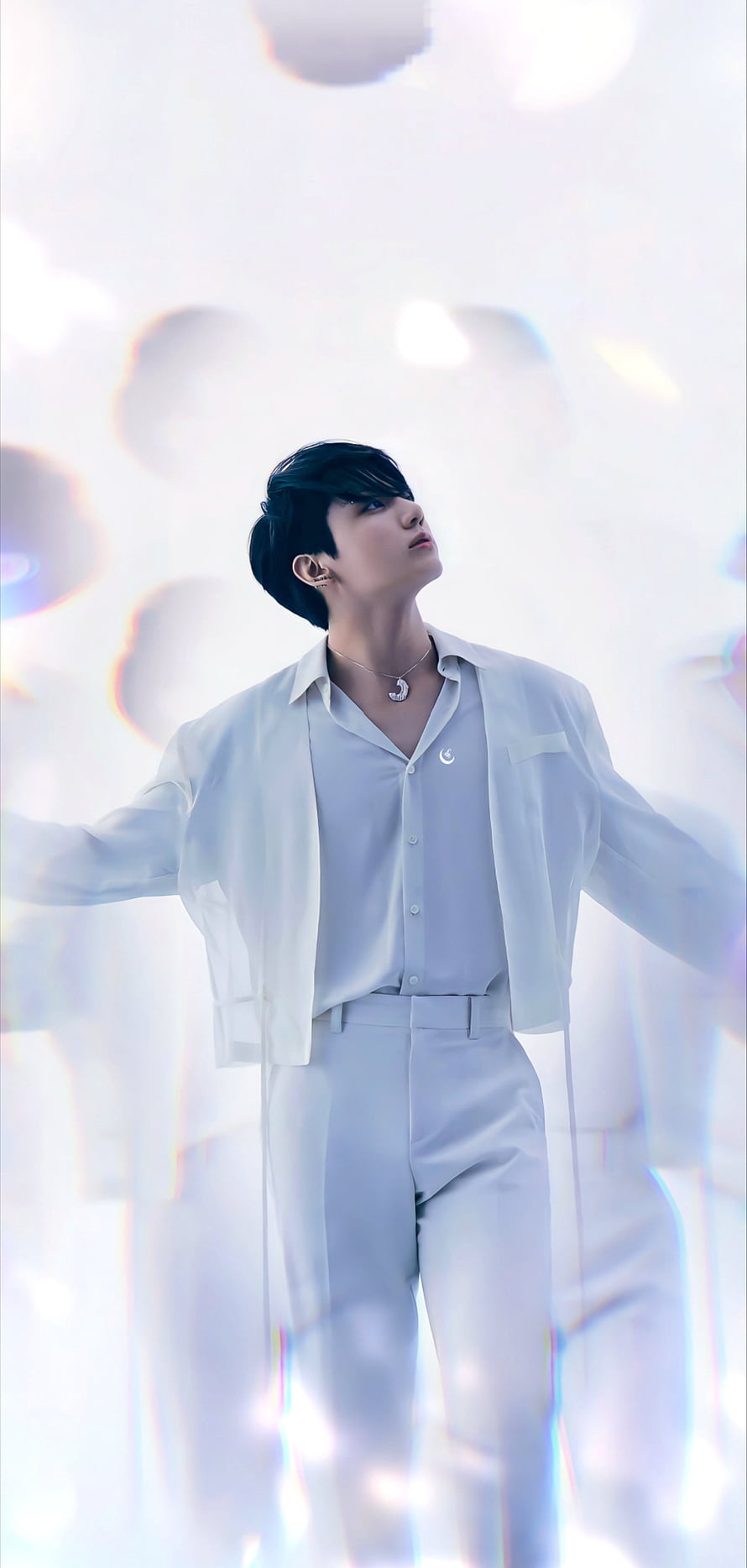 Jungkook BTS in White Suit with Ethereal Bokeh Light Effects HD phone wallpaper