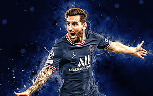 Lionel Messi in Paris Saint-Germain kit celebrating with dramatic blue background HD wallpaper