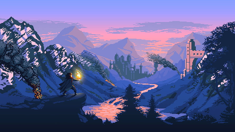 Pixel Art Fantasy Landscape with Snowy Mountains, Castle, and Torched Wanderer at Sunset HD wallpaper
