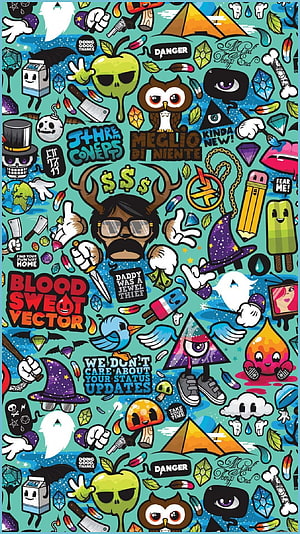 Colorful Doodle Art Poster Featuring Cartoon Characters, Typography, and Pop Culture Icons HD phone wallpaper