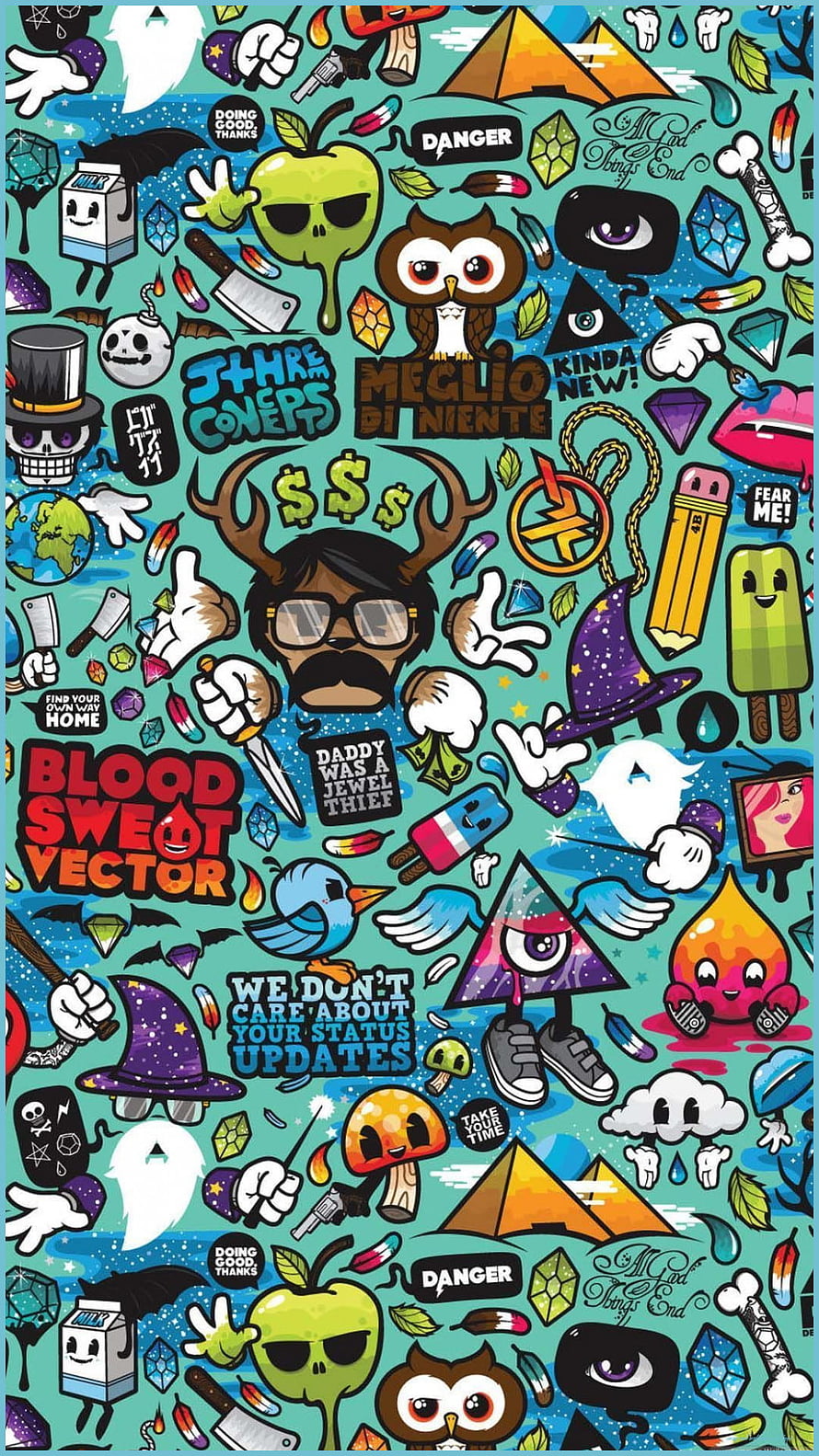 Colorful Doodle Art Poster Featuring Cartoon Characters, Typography, and Pop Culture Icons HD phone wallpaper
