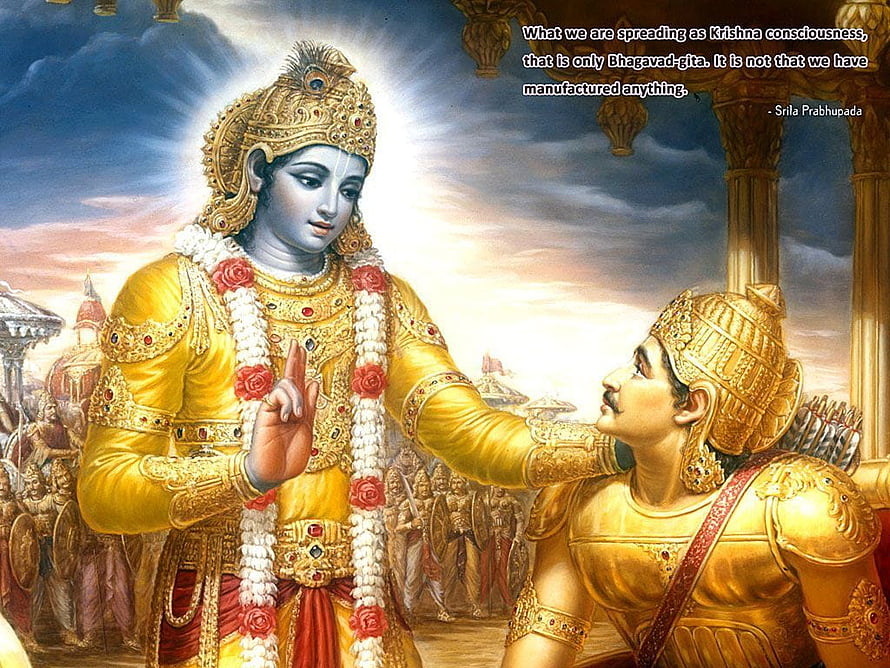 Lord Krishna and Arjuna on the Battlefield of Kurukshetra in Golden Armor HD wallpaper