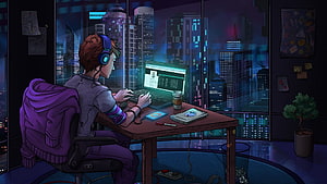 Young Hacker at Desk with Laptop in Neon-Lit City Apartment at Night HD wallpaper