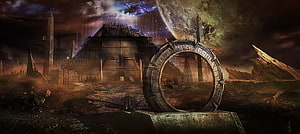 Stargate Ancient Alien Ruins and Pyramid Under a Giant Planet in a Dark Sci-Fi Landscape HD wallpaper