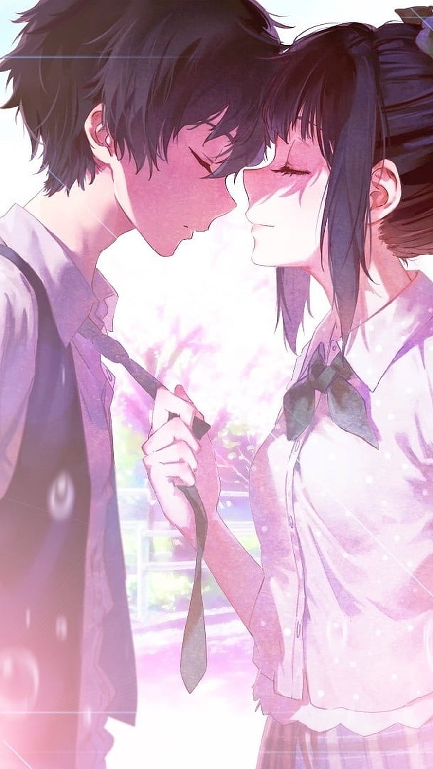Romantic Anime Couple Sharing a Tender Moment in Soft Pink Light HD phone wallpaper