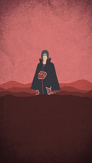 Itachi Uchiha in Akatsuki Cloak Standing in a Red Desert Landscape HD phone wallpaper