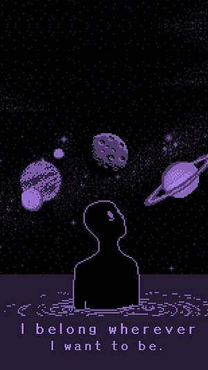 Pixel Art Silhouette Gazing at Purple Planets in Starry Space HD phone wallpaper