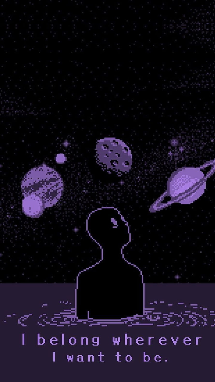 Pixel Art Silhouette Gazing at Purple Planets in Starry Space HD phone wallpaper