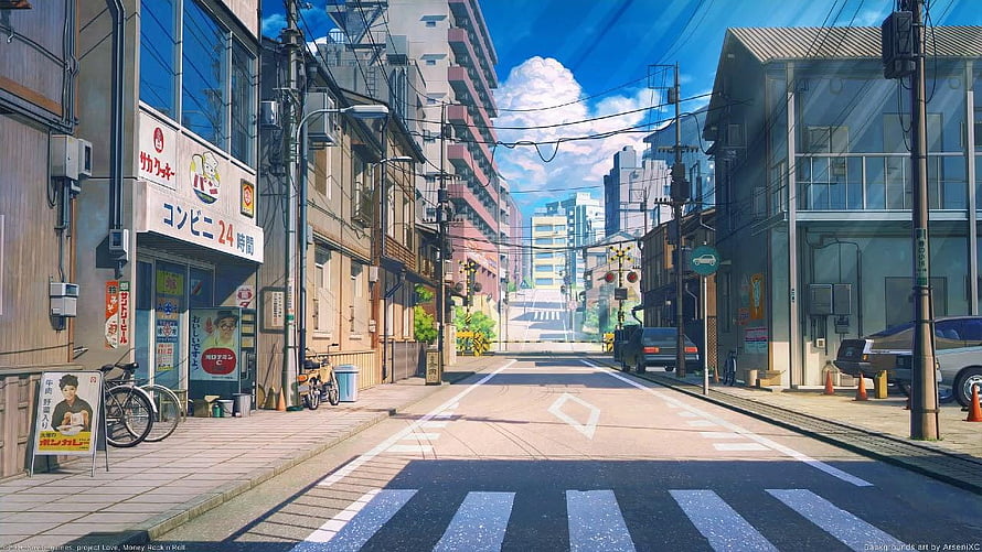 City Pop Style Japanese Street Scene with Convenience Store and Crosswalk HD wallpaper