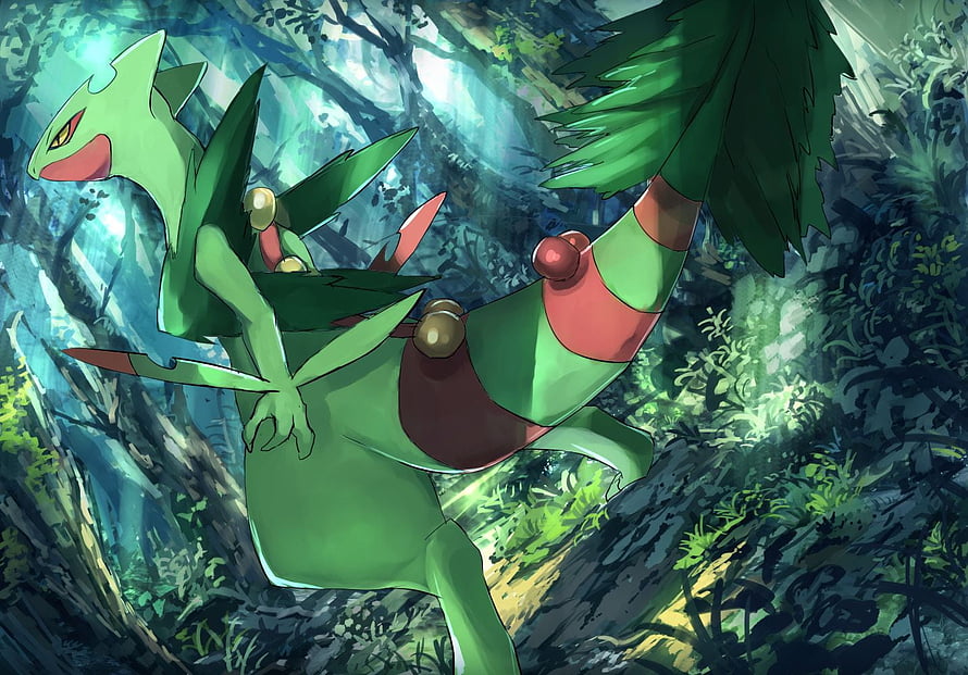 Sceptile in a Lush Jungle Setting, Dynamic Anime Style Pokémon Illustration HD wallpaper