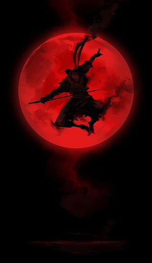 Silhouette of a warrior leaping with a sword against a massive red moon in a dark smoky void HD phone wallpaper