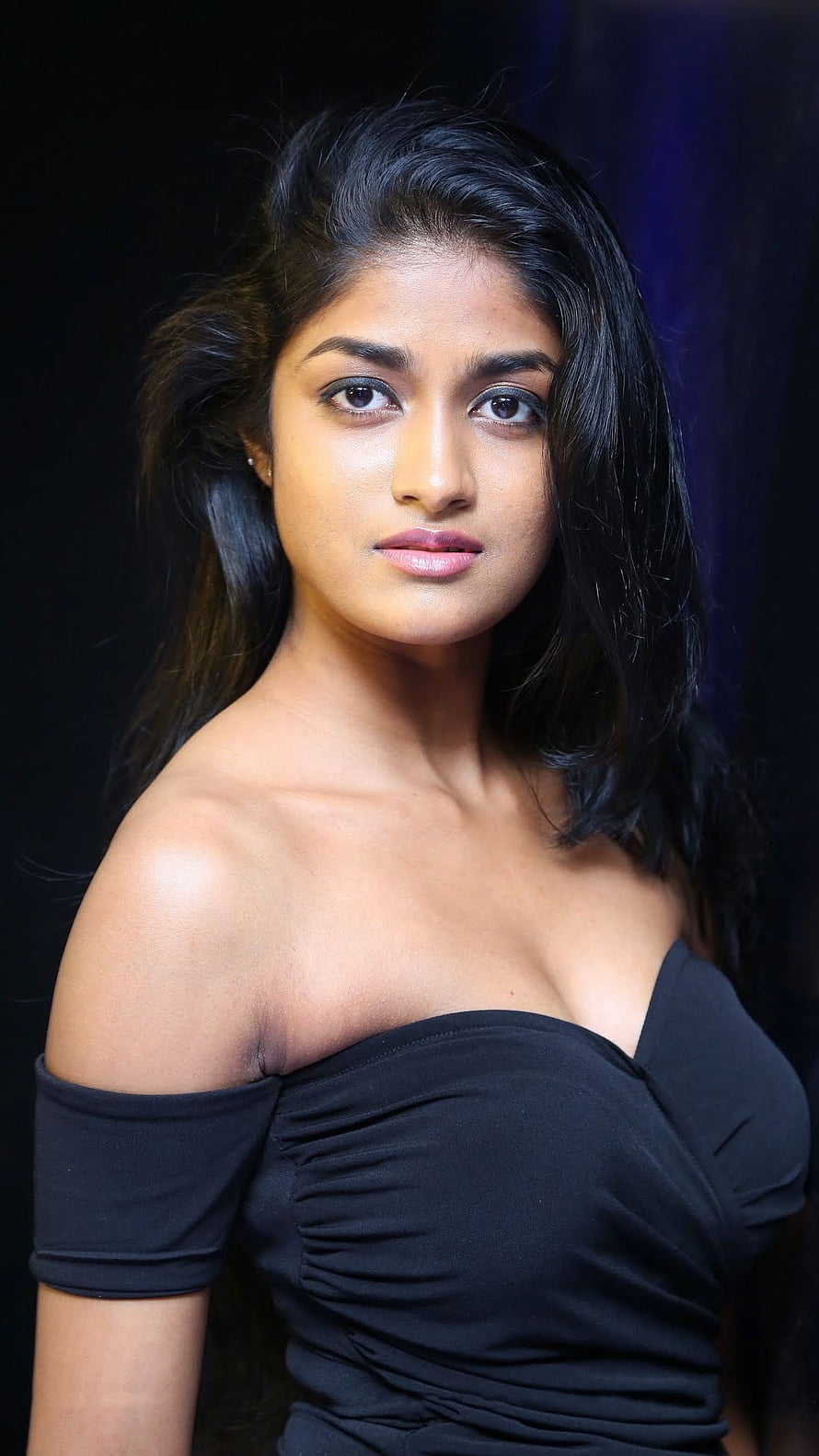 Dimple Hayathi Portrait in Black Off-Shoulder Top with Dark Studio Background HD phone wallpaper
