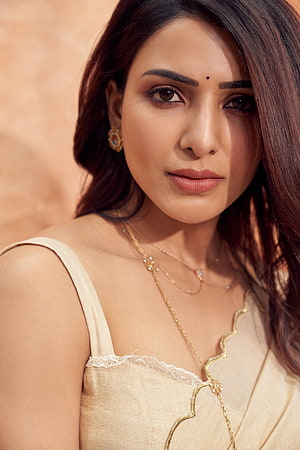Samantha Portrait in Traditional Gold Attire with Delicate Jewelry and Warm Studio Lighting HD phone wallpaper