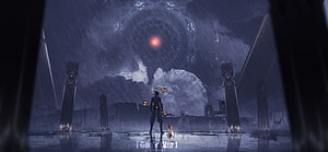 Genshin Impact Cinematic Scene: Lone Warrior in Rain Before Ancient Portal HD wallpaper