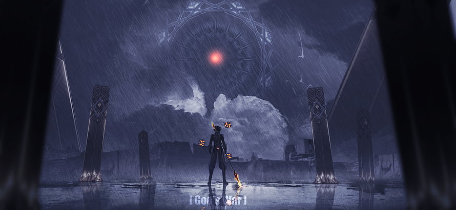 Genshin Impact Cinematic Scene: Lone Warrior in Rain Before Ancient Portal HD wallpaper