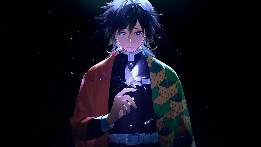 Giyu Tomioka from Demon Slayer Holding a Glowing Butterfly in a Dark Setting HD wallpaper