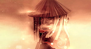 Itachi Uchiha in Straw Hat with Sharingan Eyes in Warm Golden Light HD wallpaper