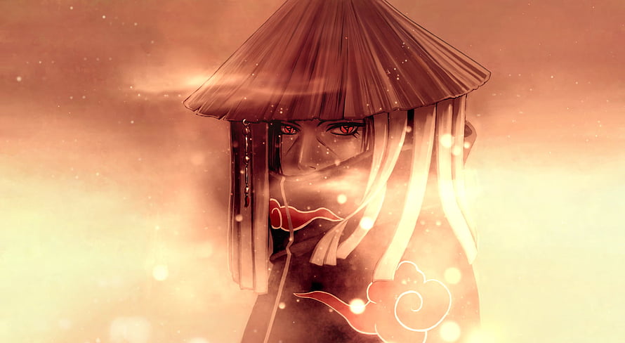 Itachi Uchiha in Straw Hat with Sharingan Eyes in Warm Golden Light HD wallpaper