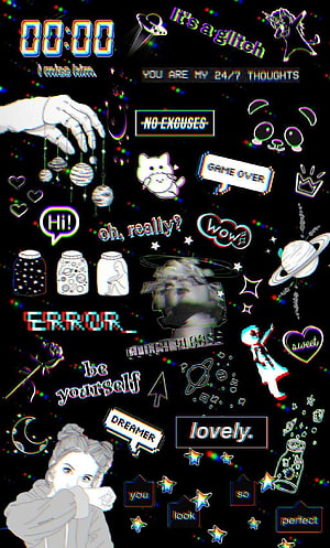 Dark Y2K Glitch Aesthetic Collage with Retro Text and Illustrations HD phone wallpaper