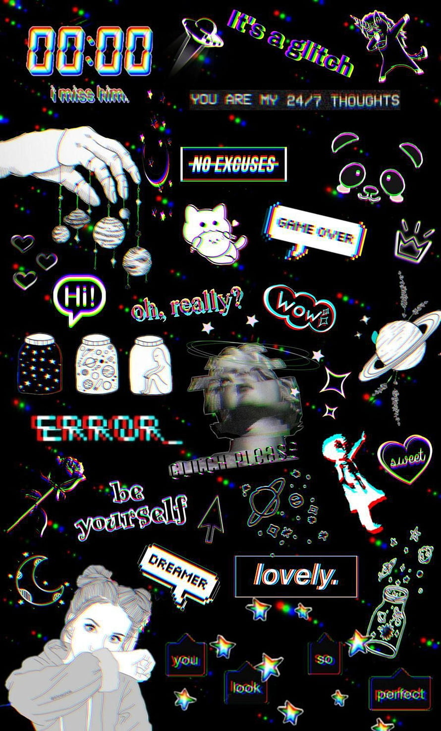 Dark Y2K Glitch Aesthetic Collage with Retro Text and Illustrations HD phone wallpaper