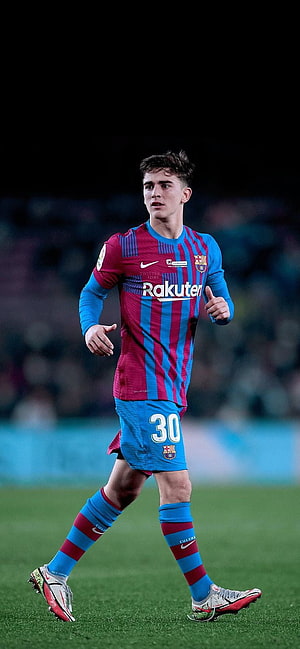 Gavi in FC Barcelona Home Kit Running on the Pitch HD phone wallpaper