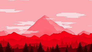 Minimalist Red Mountain Landscape with Pine Forest Silhouettes and Pink Sky HD wallpaper
