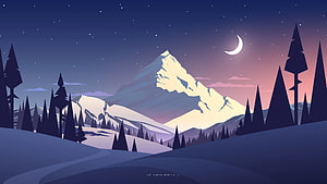 Stylized Winter Mountain Landscape with Crescent Moon and Pine Forest at Night HD wallpaper