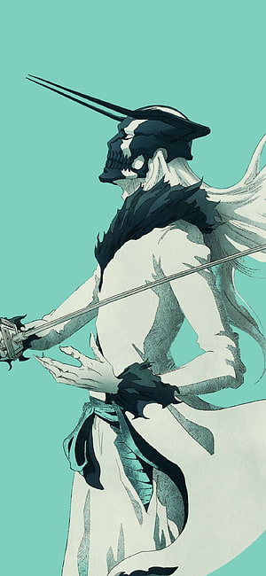Bleach Anime Artwork: Ichigo Kurosaki in Hollow Form with Zanpakuto HD phone wallpaper