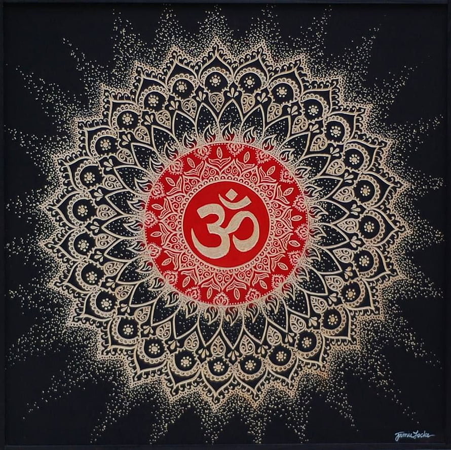 Om Mandala Artwork by Jamie Locke with Intricate Gold Patterns on Black Background HD wallpaper