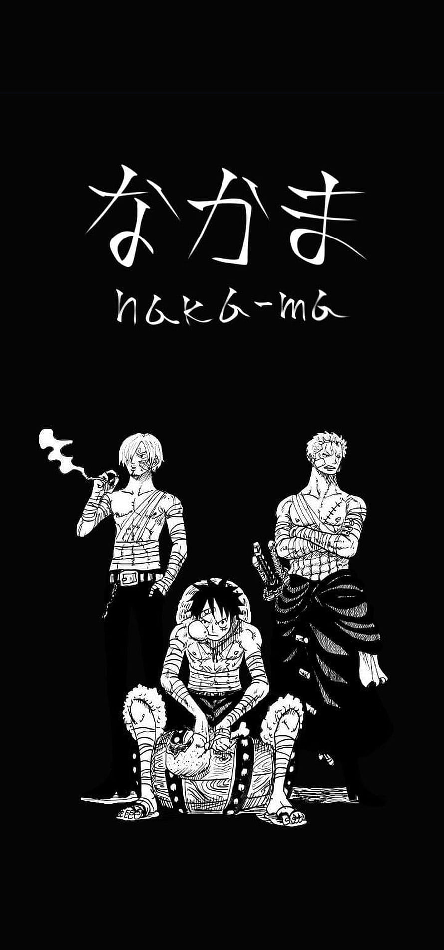 One Piece Nakama Trio: Luffy, Zoro, and Sanji in Minimalist Black and White Manga Art HD phone wallpaper
