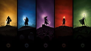 Magic The Gathering Arena Five Silhouetted Planeswalkers Standing on Hills HD wallpaper