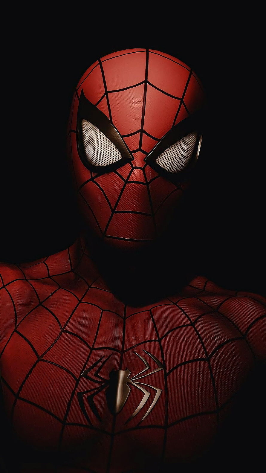 Spider-Man in Classic Red Suit with Metallic Spider Emblem Against Dark Background, Spiderman, superhero HD phone wallpaper
