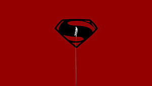 Superman S-Shield Logo with Hanging Figure on Deep Red Minimalist Background HD wallpaper