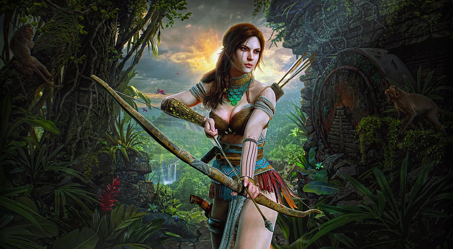 Lara Croft Aiming Bow in Ancient Jungle Ruins from Shadow of the Tomb Raider HD wallpaper