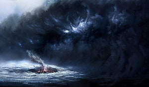 Frostpunk Concept Art Featuring a Distant Campfire Under a Swirling Dark Storm HD wallpaper