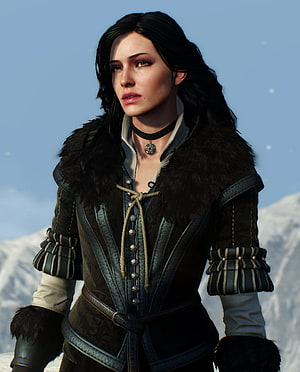 Yennefer of Vengerberg in Dark Fur Coat Against Snowy Mountain Backdrop HD phone wallpaper