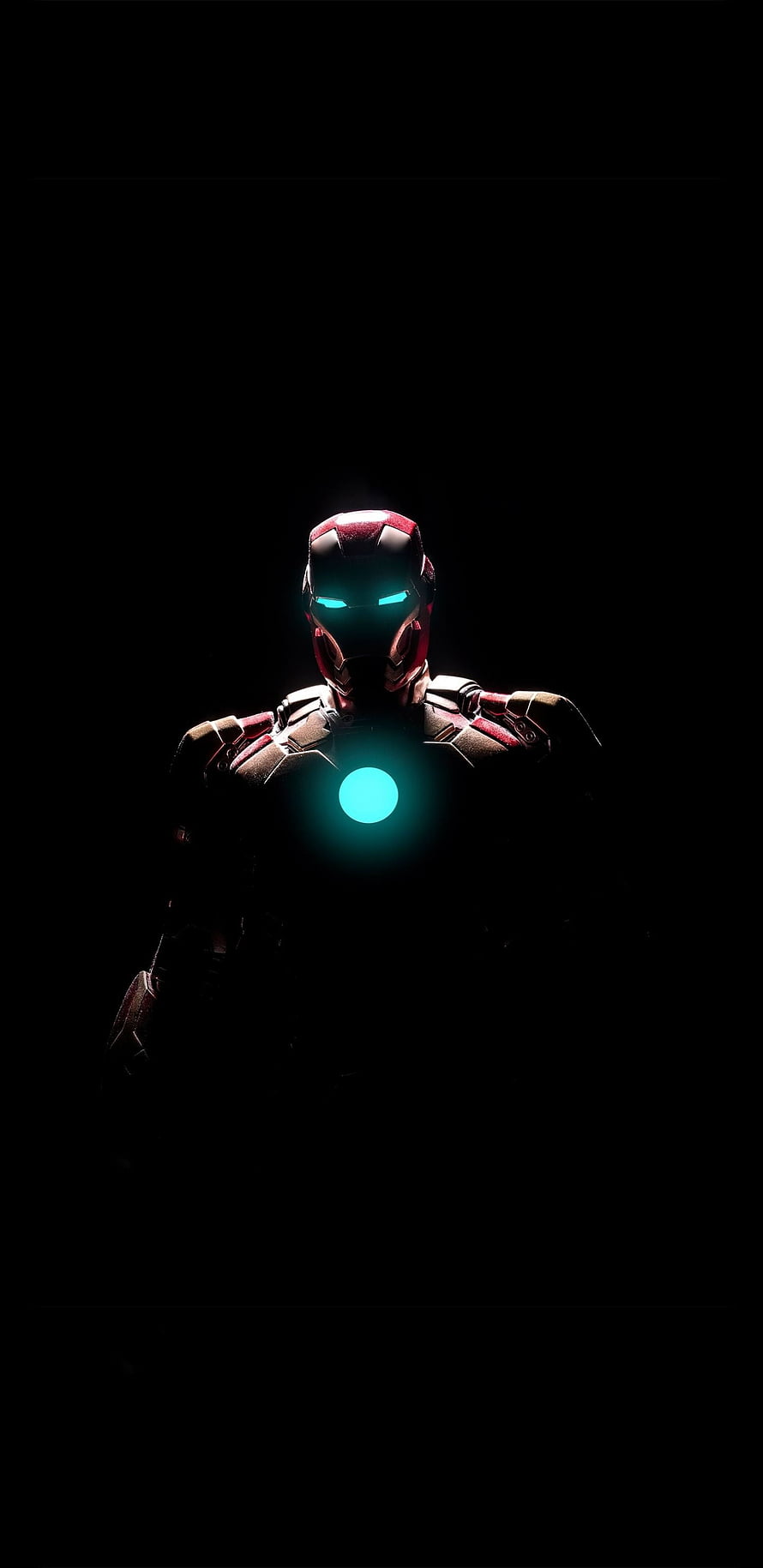 Iron Man Armor in Dark Void with Glowing Cyan Arc Reactor and Eyes, Amoled S6 Superhero , Amoled Superhero HD phone wallpaper