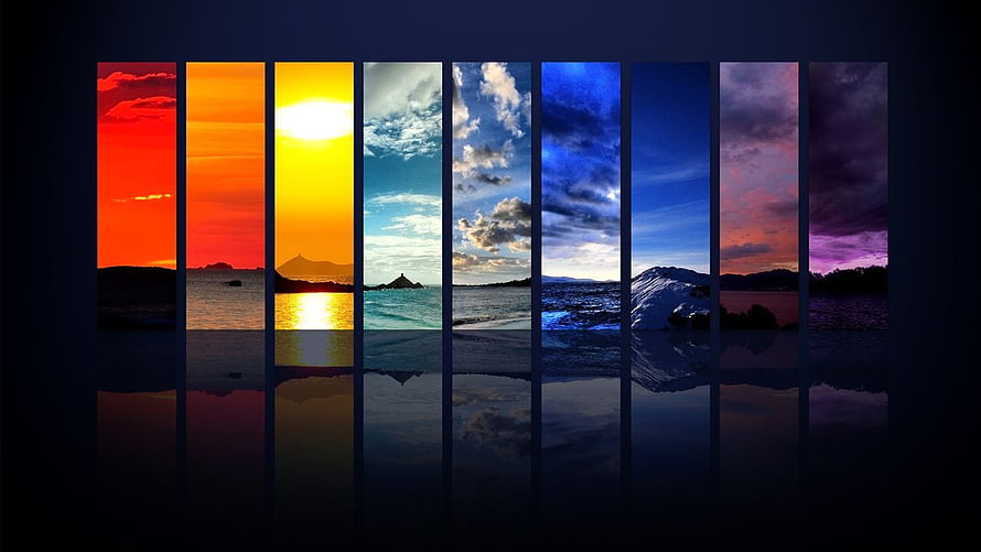 Colorful Sky Gradient Panels with Ocean Reflections and Mountain Silhouettes HD wallpaper
