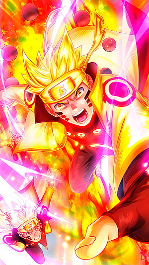 Naruto Uzumaki in Baryon Mode with Golden Aura and Dynamic Action Pose HD phone wallpaper