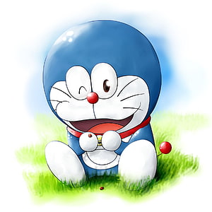 Doraemon Winking and Sitting on Green Grass in a Cute Anime Illustration HD phone wallpaper