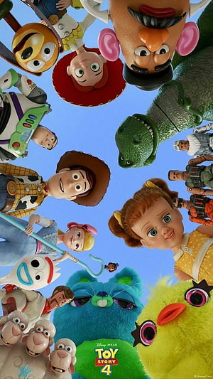 Toy Story 4 Character Circle Poster with Woody, Buzz, and Forky Against Blue Sky HD phone wallpaper