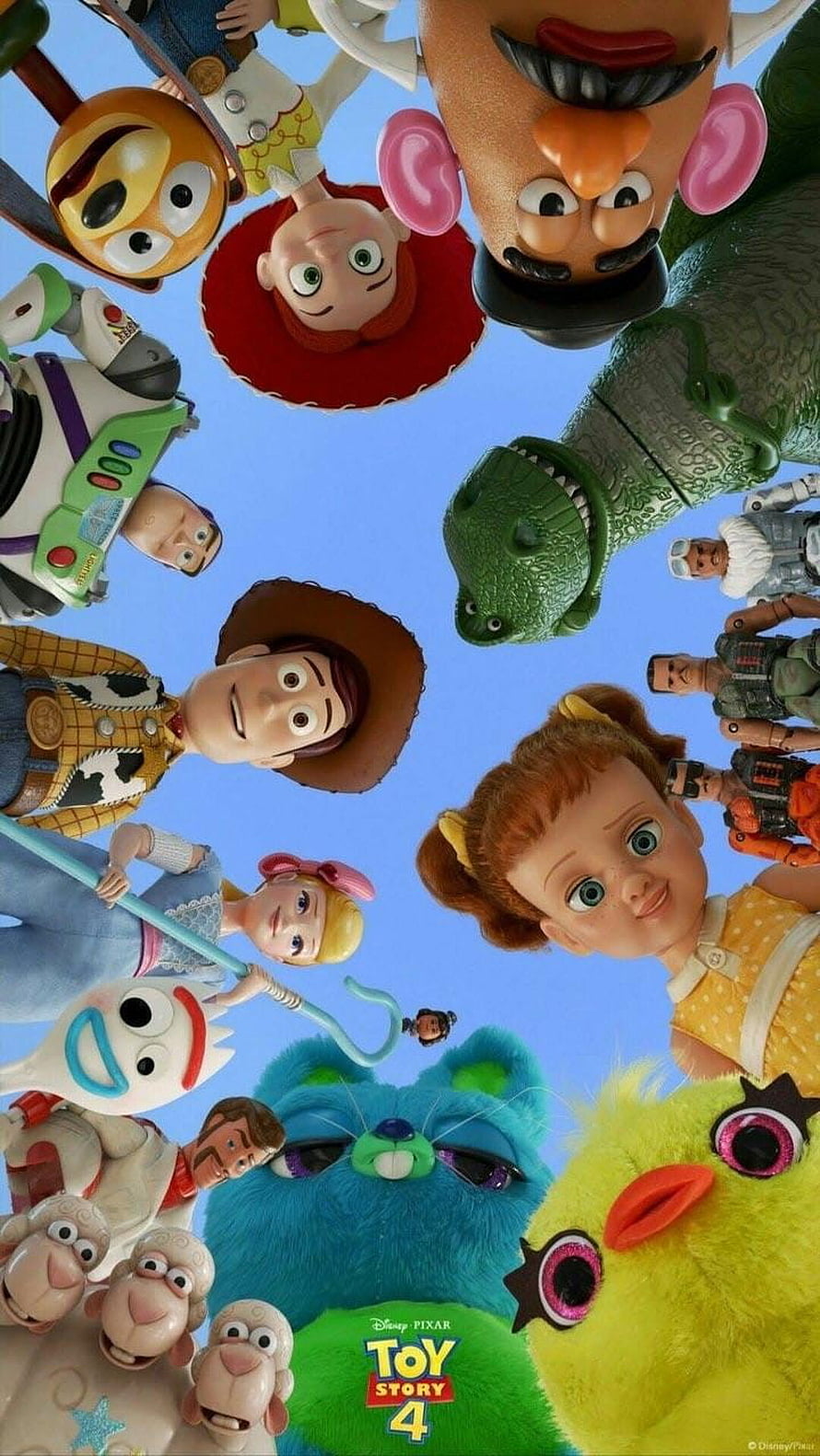 Toy Story 4 Character Circle Poster with Woody, Buzz, and Forky Against Blue Sky HD phone wallpaper